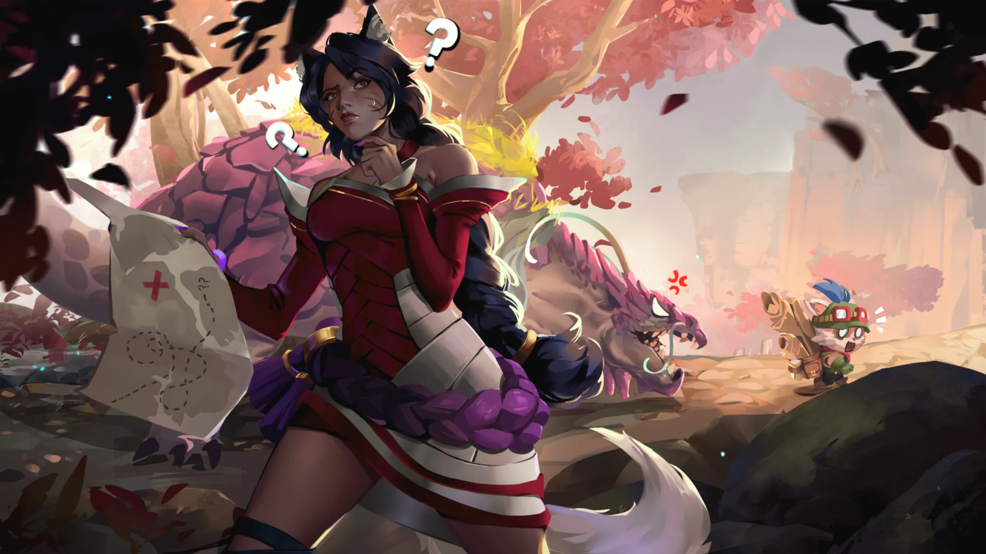 Fantasy adventurer with a map in a glowing autumn woodland, accompanied by magical creatures