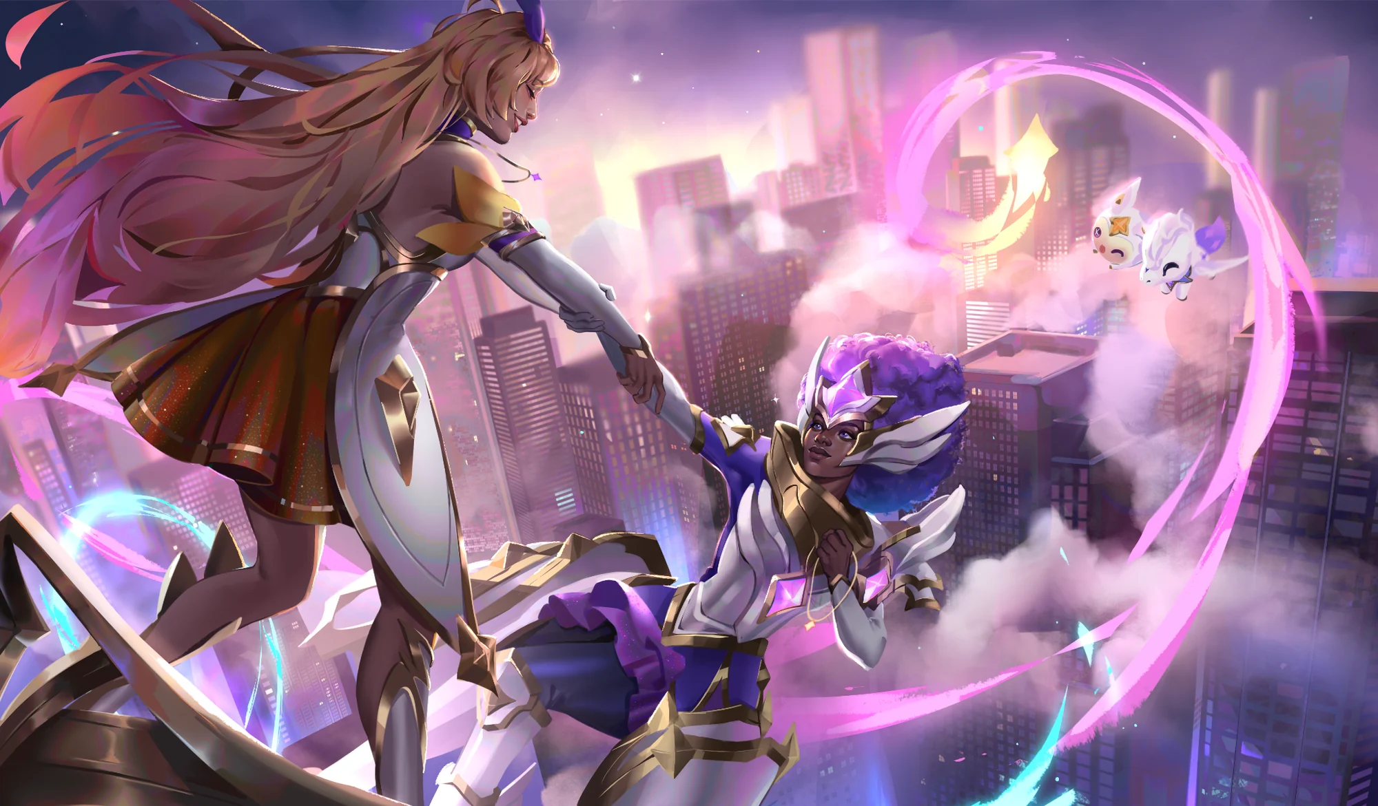 Two fantasy characters reaching toward one another in a luminous purple cityscape