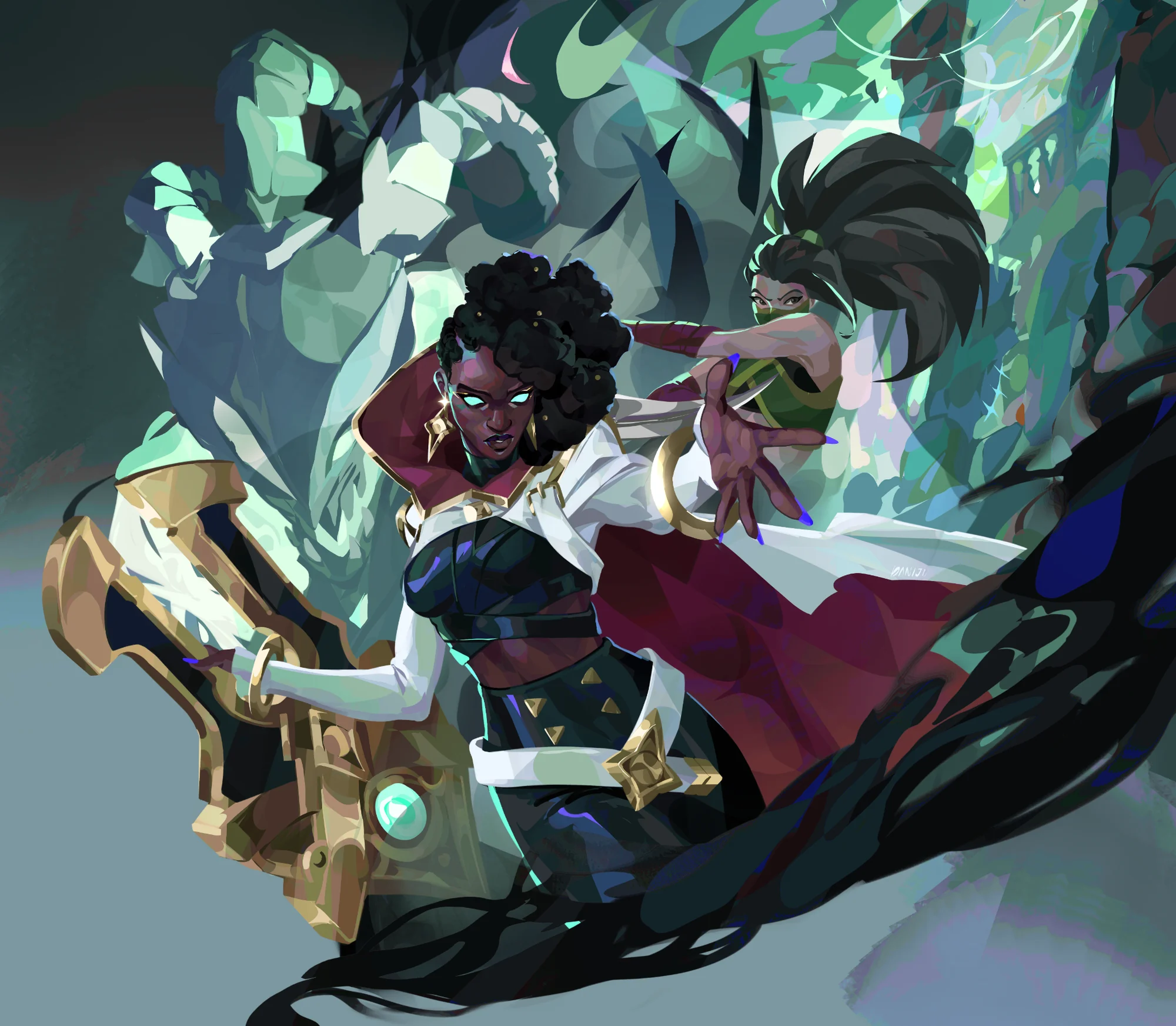 A dynamic fantasy character with teal magical light, emerald shapes and flowing dark cape